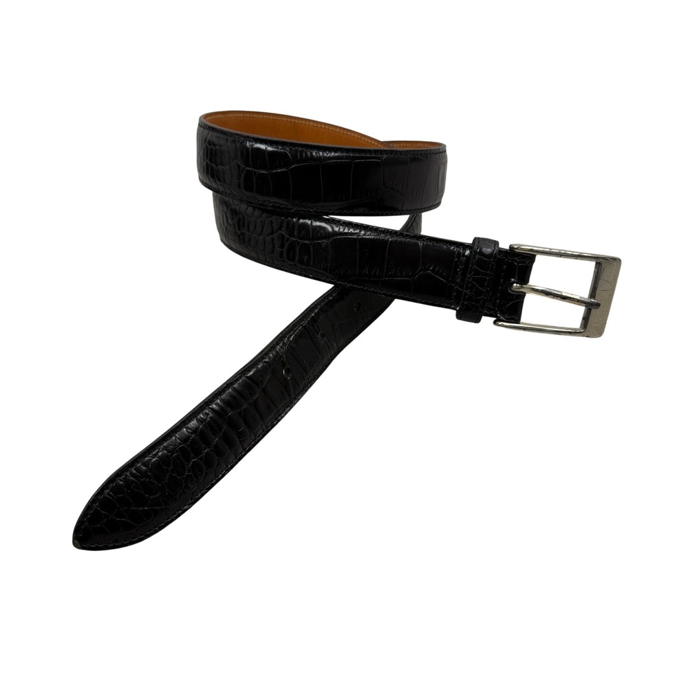 Trafalgar Belt Mens 34 Black Embossed Italian Calfskin Leather Dress Buckle